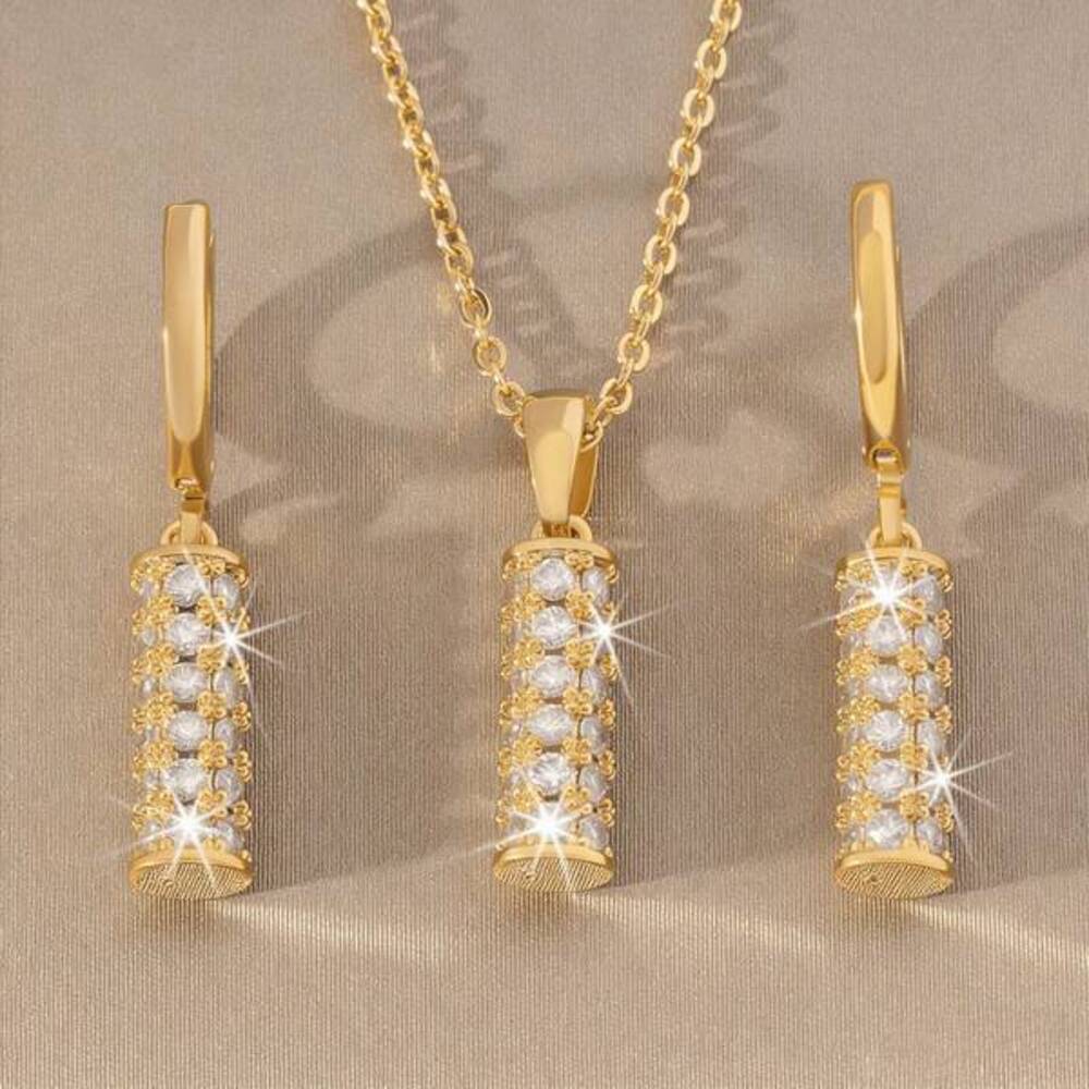 Stainless Steel Chain Crystal Pendant Necklace Earrings Set Jewelry Set Gift - Picture 2 of 7